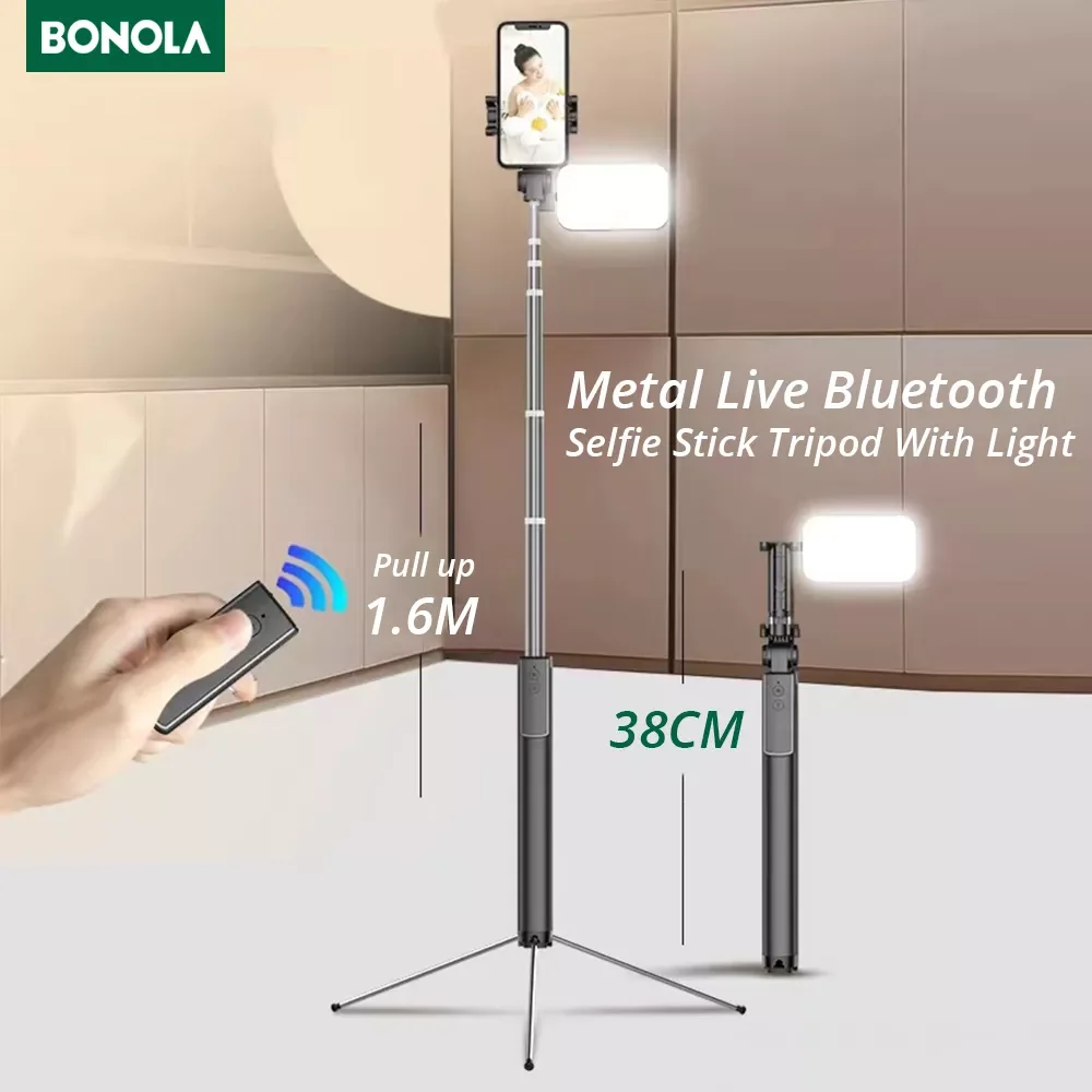 

Bonola Integrated Portable Metal Selfie Stick Live Bracket Bluetooth Remote Control Selfie Tripod Telescopic Rod With Fill Light