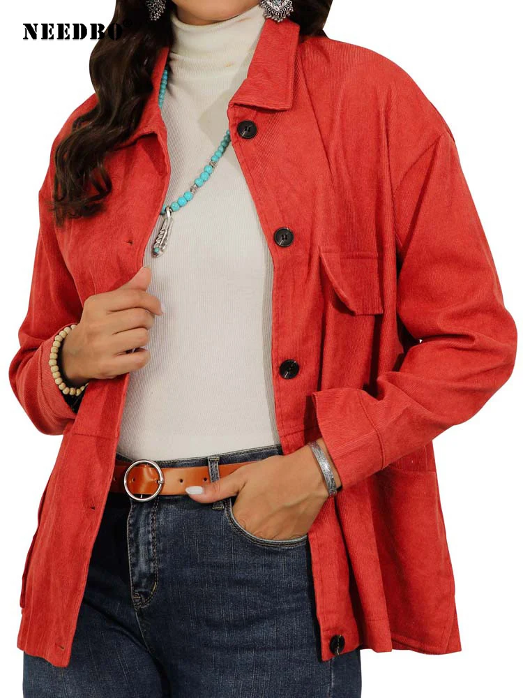 NEEDBO вельветовые осенние куртки с отложным воротником и карманами на пуговицах