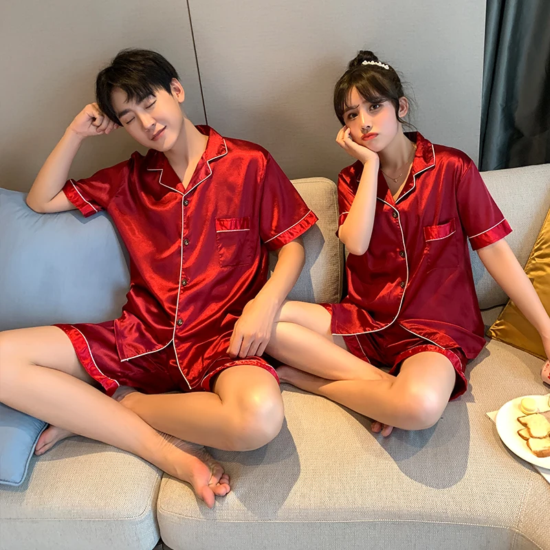 CAIYIER Summer Solid Color Silk Lover Nightwear Short Sleeve Casual Family Sleepwear Men & Women Couple Lounge Wear Pijama Set