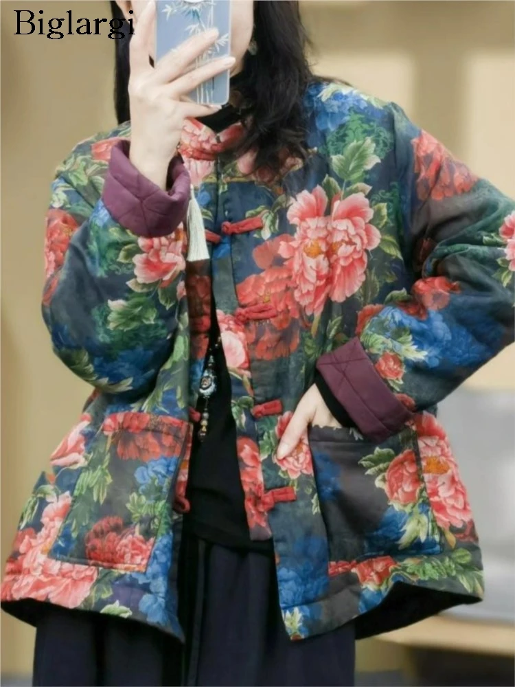 Осенне-зимнее стеганое хлопковое пальто с цветочным принтом женские