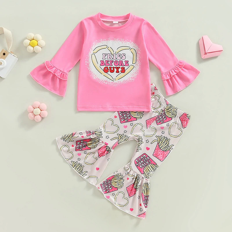 

Kids Girls Valentine's Day Set Letter Print Long Sleeve Crew Neck T-Shirts and Heart Chips Print Flare Pants Suit 6Months-5Years