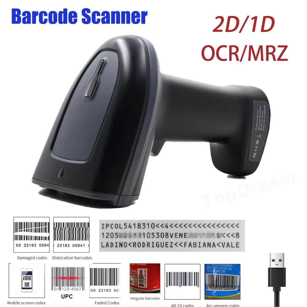 Сканер штрих-кода 2D/1D OCR портативный USB-считыватель MRZ PDF417 Data ...