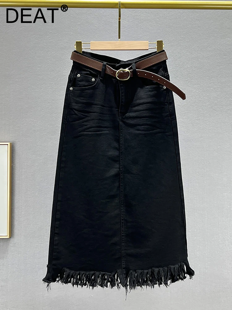 

DEAT Women's Denim Skirt High Waist Black Tassel Burrs Split A-line Long Female Elegant Skirts 2023 Autumn New Fashion 29L3746