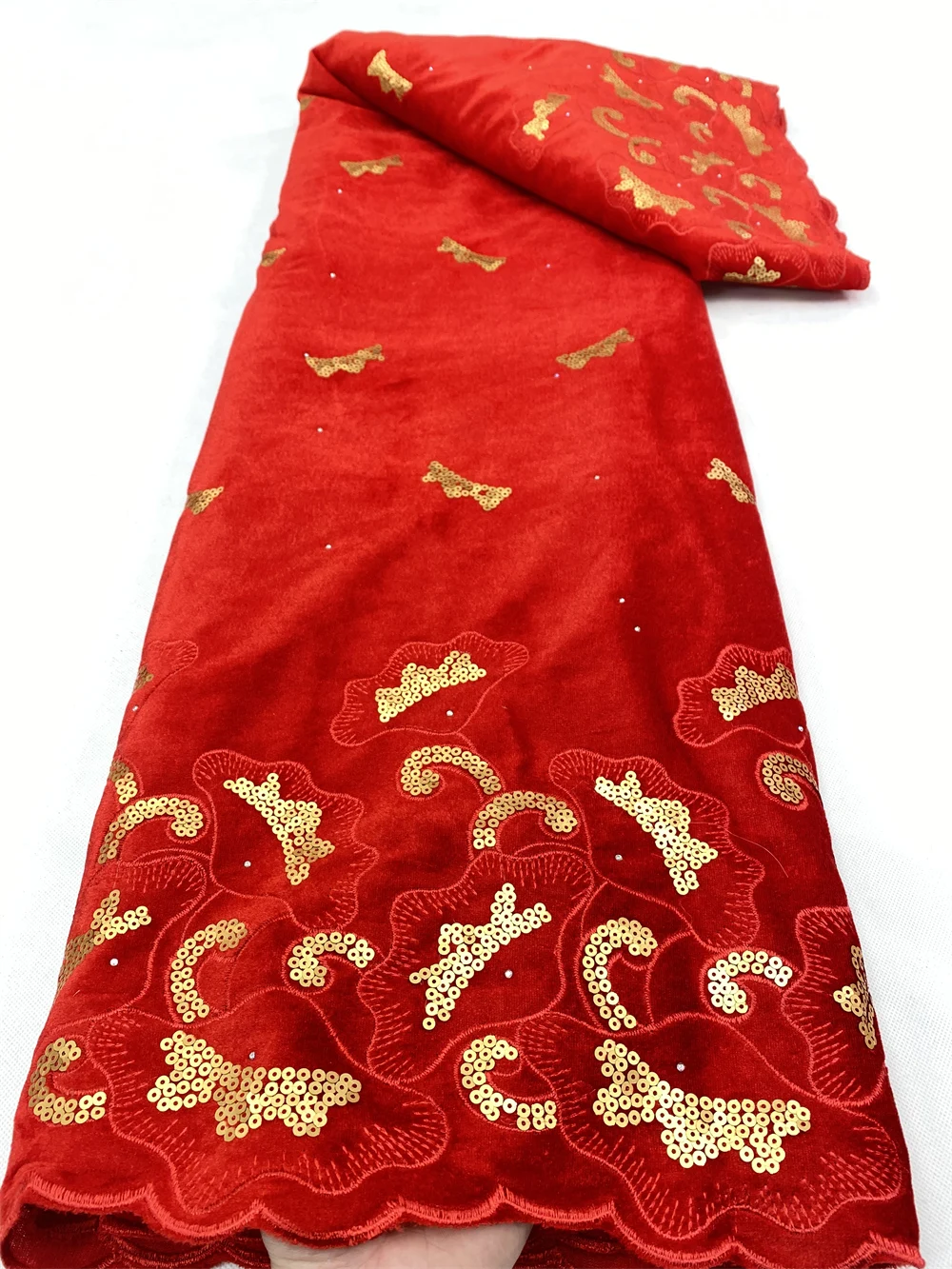 

High Quality Velvet African Lace Fabric With Sequins Red French Embroidery Nigerian Velvet Lace Fabric For Wedding Party 4844B