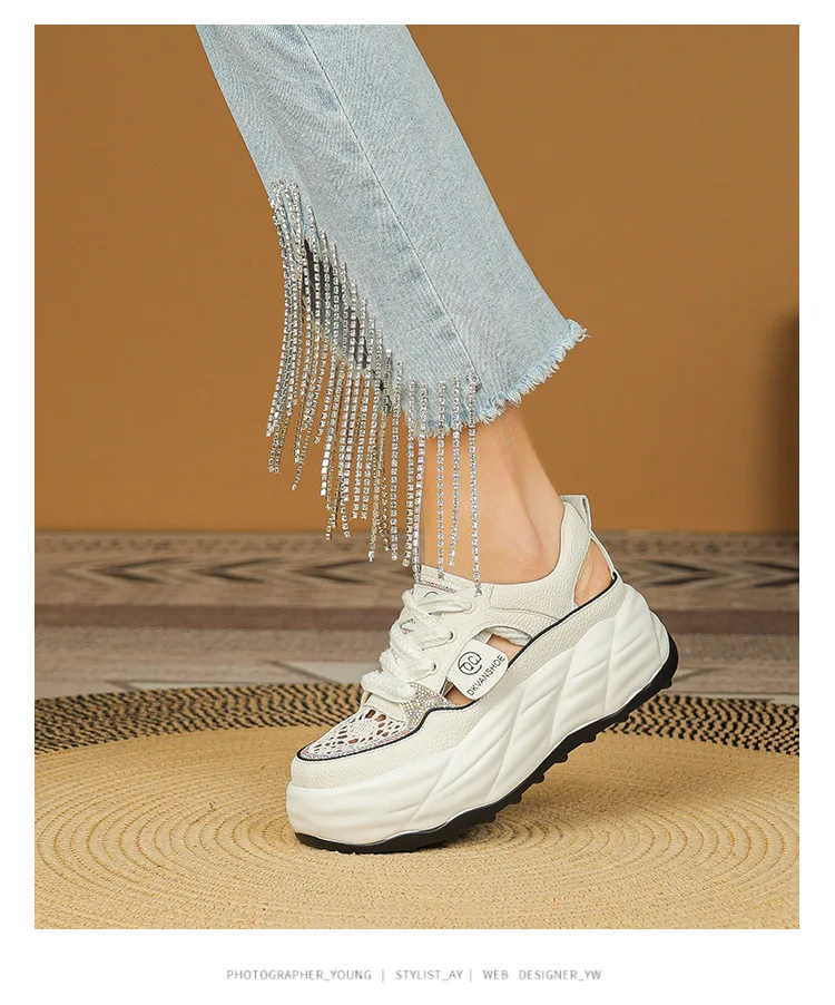 Rhinestone Decor 5cm Lace Genuine Leather Slides Hollow Ladies Summer Breathable Ankle Boots Women Platform Sandals Wedge Shoes