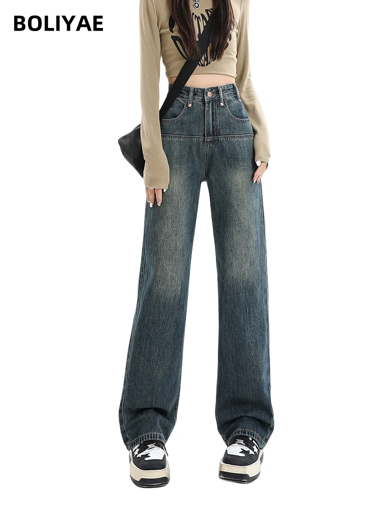 Женские мешковатые джинсы Boliyae с высокой талией, уличная одежда в стиле Харадзюку, прямые джинсовые брюки с широкими штанинами, Модные свободные брюки Y2K на весну и осень