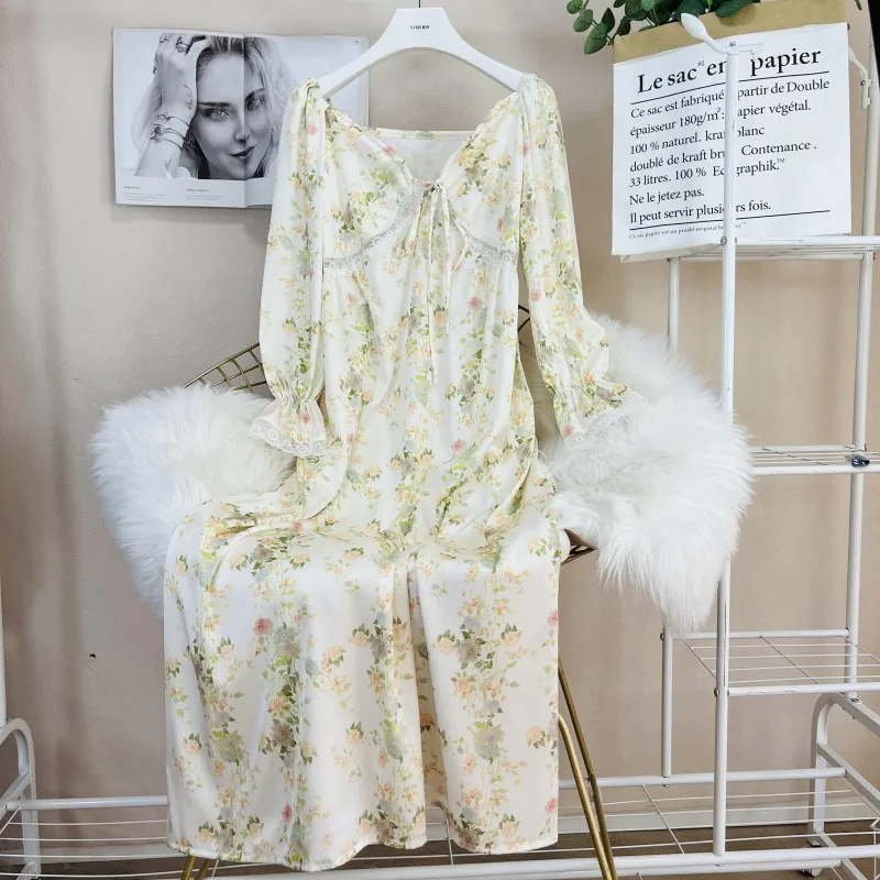 Female Long Nightgown Sleepwear Retro French Palace Style Nightdress Bathrobe Gown Loose Print Flower Lace Home Wear Nightwear