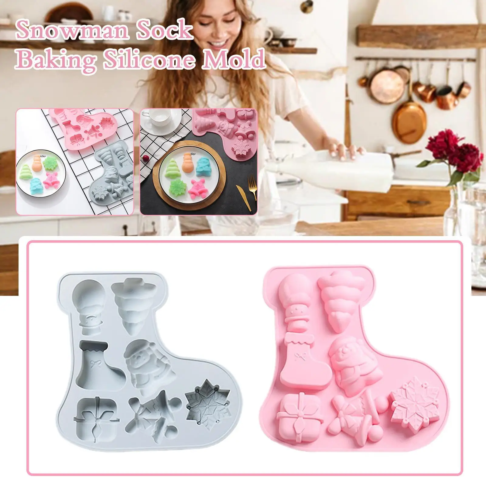 

7 Even Christmas Themed Socks Shape Silicone Mold Holiday Class Handmade DIY Glue Baking Cake Soap Making Tool Moldes