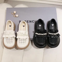 girls organza leather shoes mary jenny shoes 2022 summer spring girls sandals lace pearl ruffle breathable flats single shoes