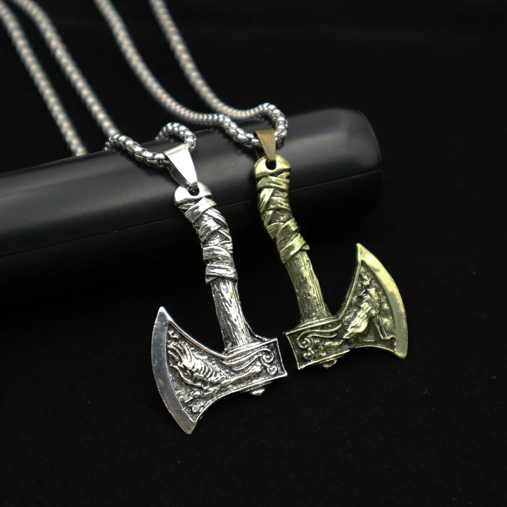 Viking Wolf and Crow Axe Pendant Retro Slavic Odin Amulet Men's Fashion Charm Jewelry Gift 24 inch stainless steel chain