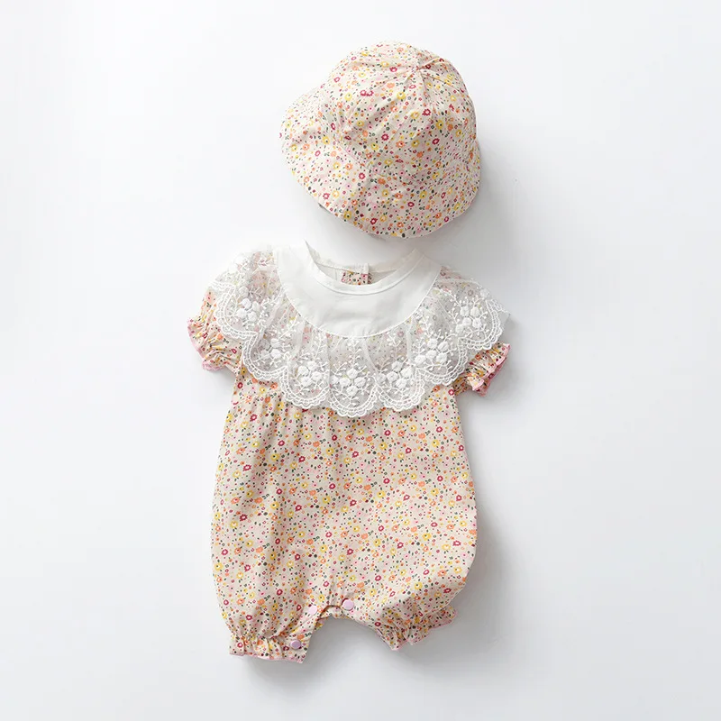

Newborn baby girl summer clothes outfits lace floral jumpsuit jacket overalls for infant baby clothing 1st birthday rompers hat