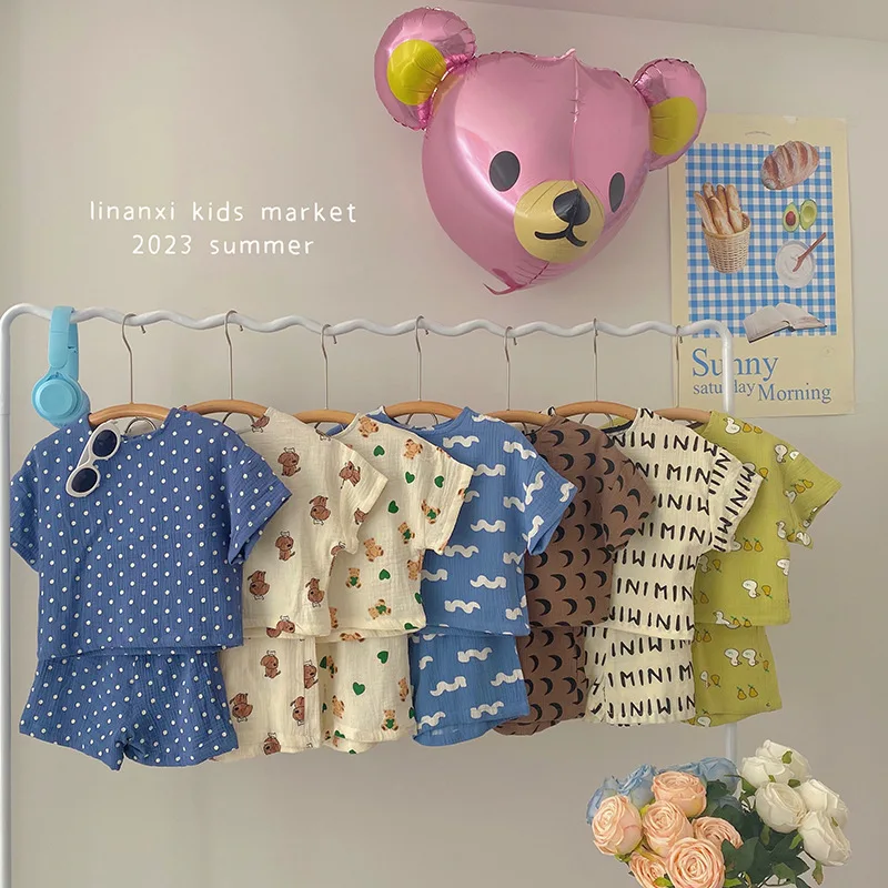 

Новинка лета 23386, Детская домашняя одежда Linancy, детская пижама с принтом из двойной хлопчатобумажной Марли, летний комплект из двух предметов, 23 шт.