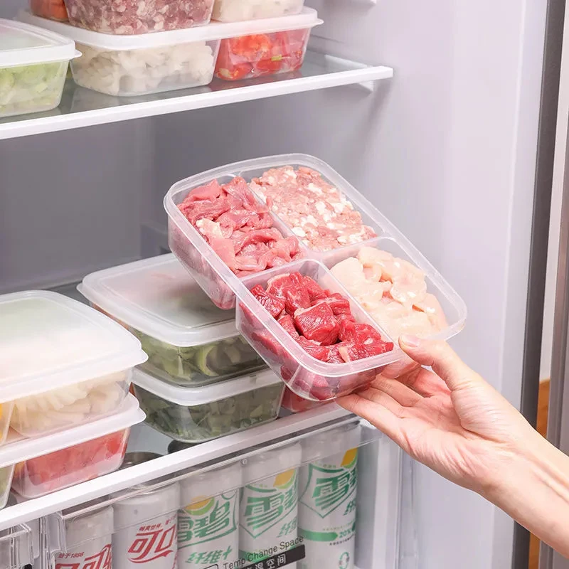 Refrigerator Frozen Meat Storage Box 4-Compartment Plastic Covered Sealed Kitchen Organizer Vegetable Preservation Container