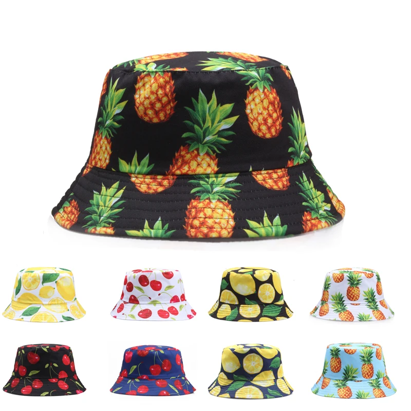 Pineapple Printed Bucket Hat Women's Men's Lemon Cherry Fruit Pattern Summer Panama  Sun Fishing Fisherman's Hat Fun Fashion Hat