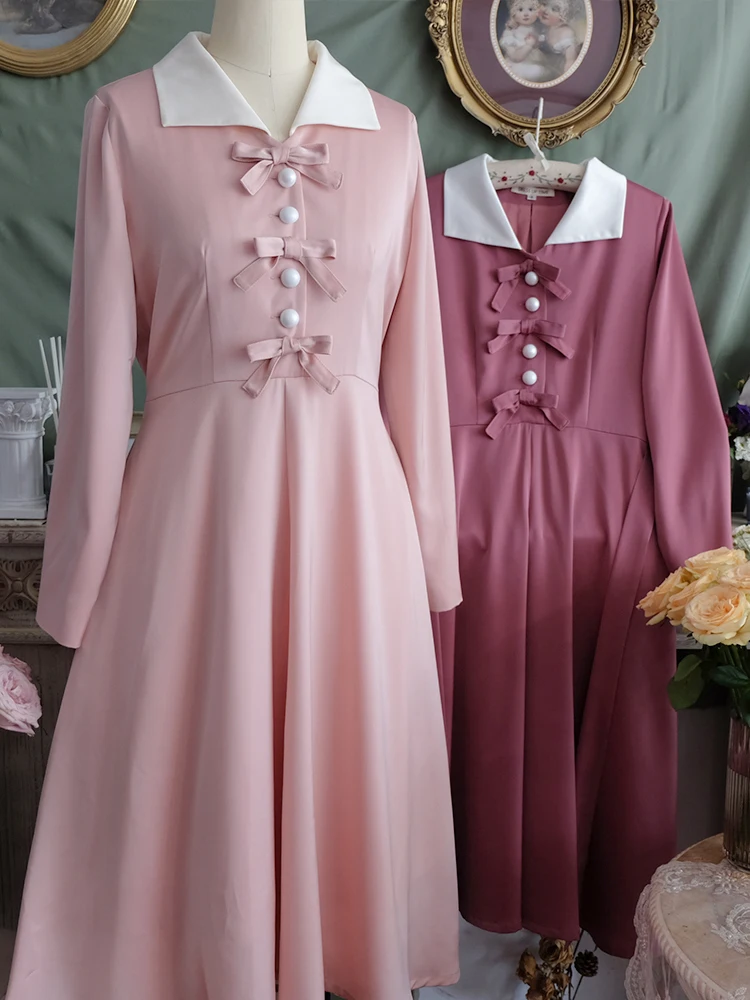 

Customized Spring Autumn New Women Loose Plus Size 1980s Vintage Style Elegant Lady Bowknots Flare Polyester Pink Shirt Dress