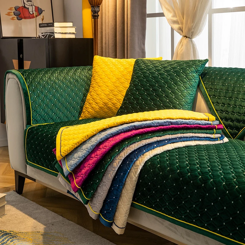 

Fashion Embroidery Sofa Towel Winter Warm Thicken Plush Quilted Sofa Cover Luxury Solid Color Couch Covers for Living Room