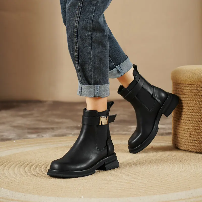 

Women Genuine Leather Ankle Boots Autumn Winter Office Ladies Low Heels Fashion Black Shoes Woman Mature