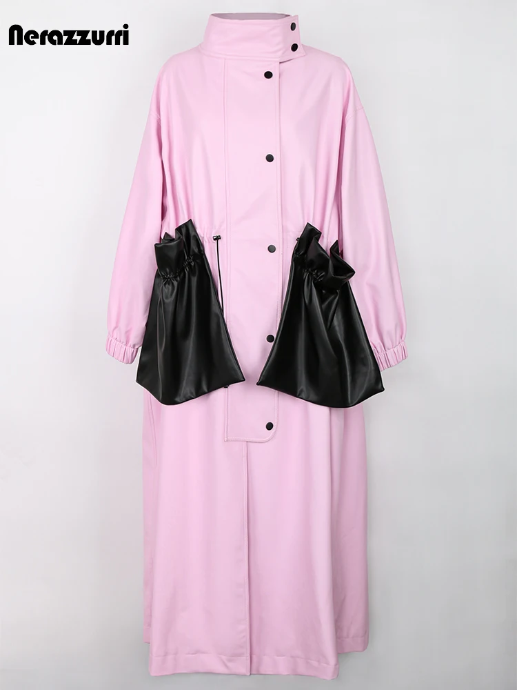 Nerazzurri Spring Autumn Extra Long Pleated Windproof Oversized Pink Pu Leather Trench Coat for Women Luxury Designer Clothes