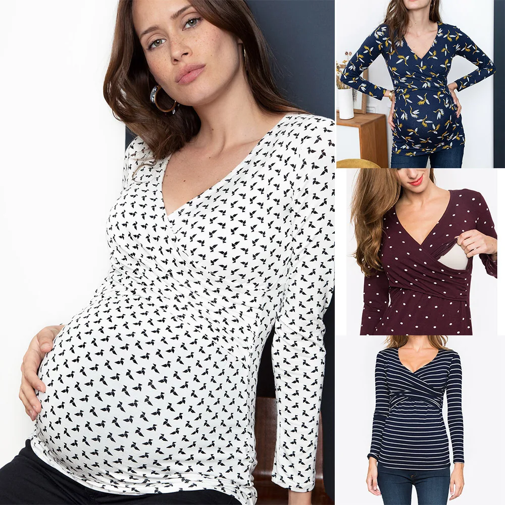 Enlarge Long Sleeve Maternity Shirt for Leggings Cotton Casual Loose Pregnancy V-Neck Top Wrap Blouse Outdoor Nursing T-shirt Clothes