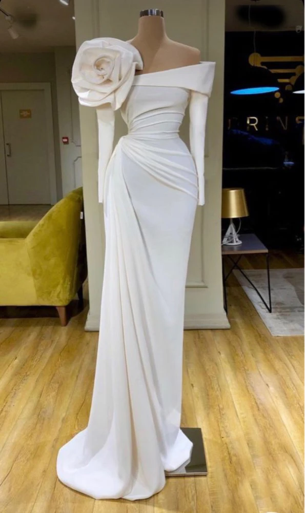 

Verngo Unique Design Stretch Satin Wedding Dresses Handmade Flowers Off the Shoulder Long Sleeves Floor Length Bridal Gowns