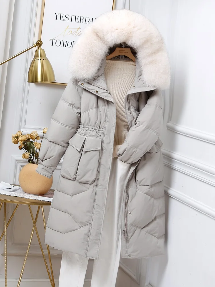 New Women Fox Fur Collar Long Down Jacket Casual Style Autumn Winter Coats And Parkas Female Outwear