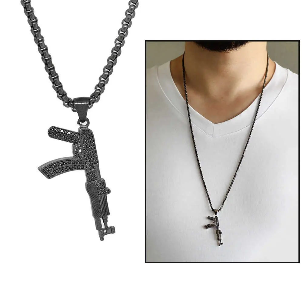 

Gun Design Black Zircon Stone Black Color Chain Brass Necklace