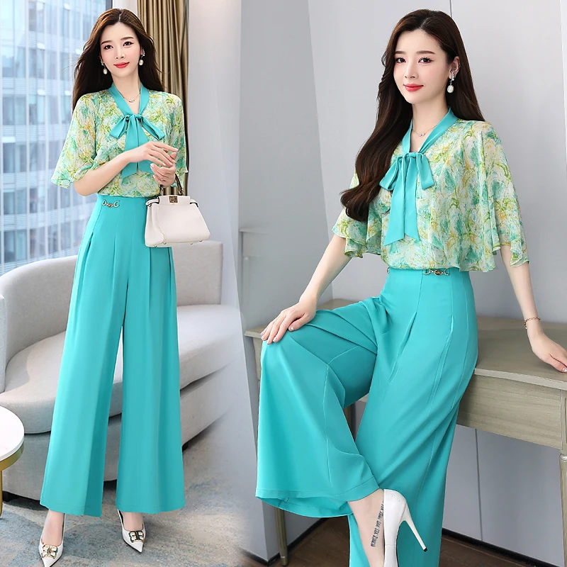 Top Grade Women Vintage Printing Blouse Top+ Trousers 2022 Summer Two Pieces Suit Elegant Wide Legs Pants Set