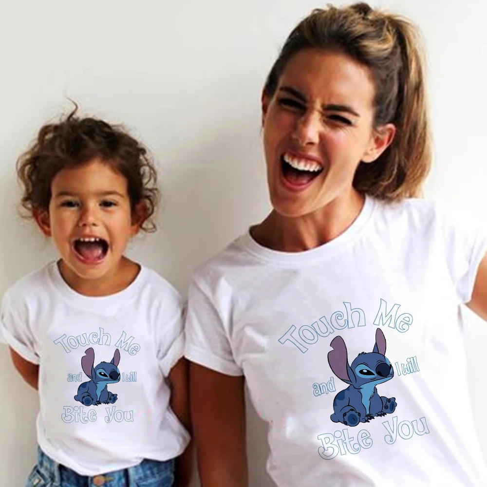 

Disney Stitch Family Matching Clothes Touch Me and I Will Bite You Funny Father Mother and Kids T-shirts Comfy Casual White Tops