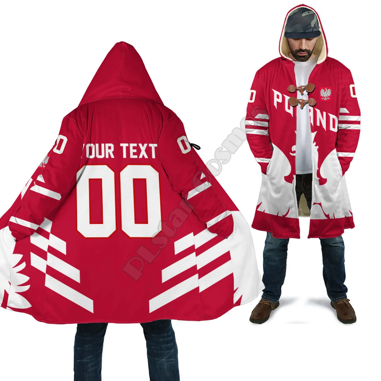 Custom Name Poland Team Hockey Jersey Style Cloak 3D Printed Winter Hooded Cloaks Fleece Wind Breaker Unisex Warm Overcoat