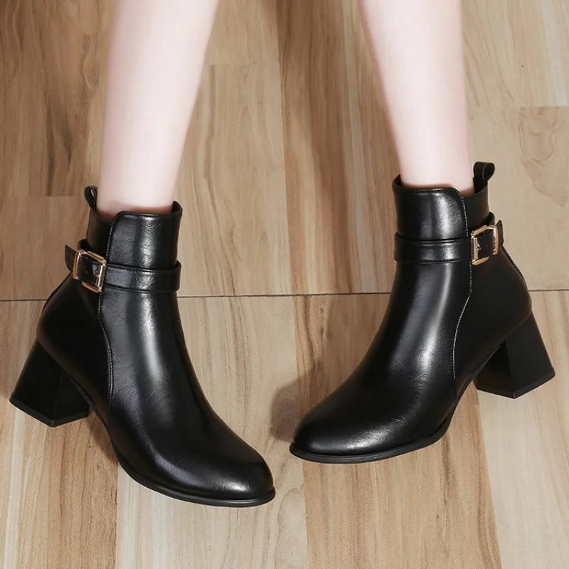 Women's Ankle Boots Winter Suede High Heels Ladies Fashion Autumn Pointed Toe Gladiator Black Brown Leather Shoes Plus Size 40