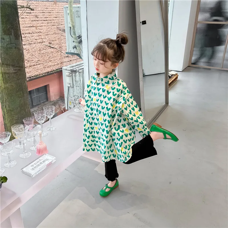 

2022 Spring Korean Girls' Full Print Green Love Fashionable Long Sleeve Lapel Dress Children's Clothes