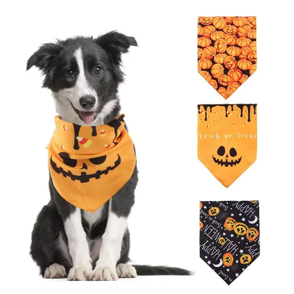 

Pet Halloween Saliva Towel Dog Collar Skull Yellow Pumpkin Pattern Triangle Scarf Neckerchief Pet Decoration Accessories
