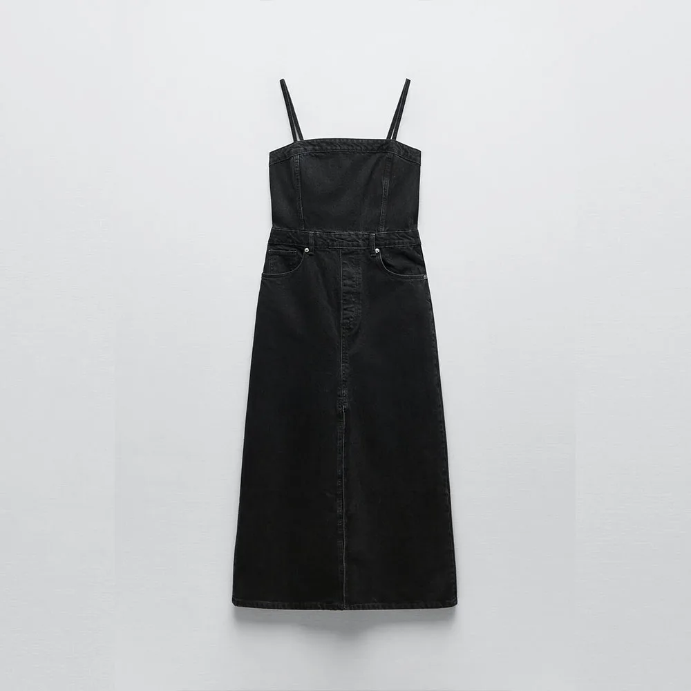 

Осеннее Новое модное женское милое однотонное универсальное джинсовое платье миди с тонкими подтяжками и прямым вырезом