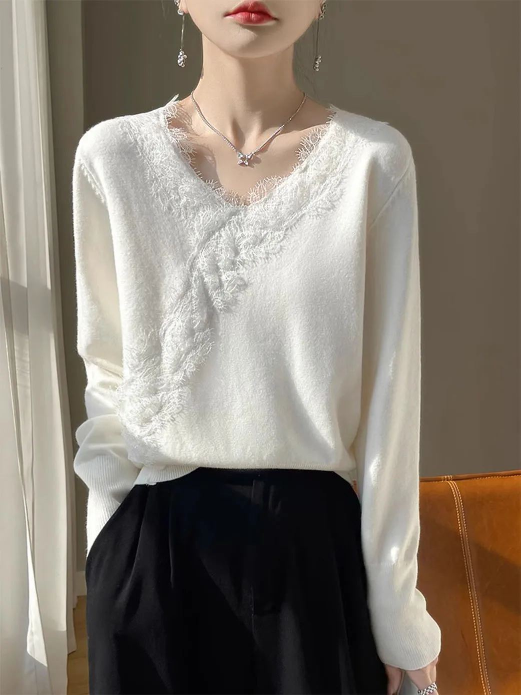 Angora Top Women 00 Pure Cashmere Autumn and Winter V-neck Knitted Bottoming Shirt This Year's Popular Temperament Design Se...