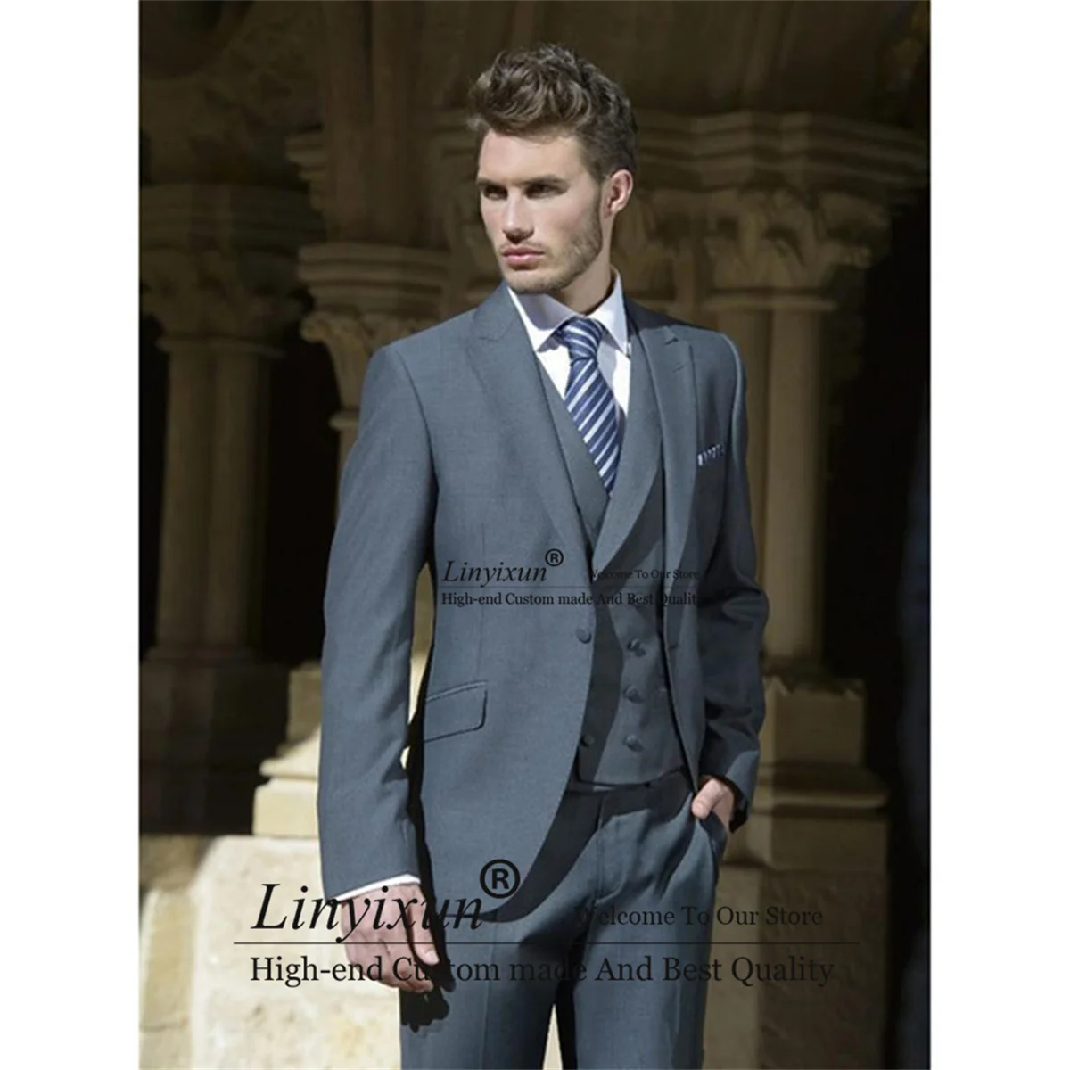 

Деловой серый мужской свадебный костюм Smolking Noivo Terno, облегающий смокинг для жениха, комплект из 3 предметов, деловой мужской рабочий Блейзер, мужской костюм