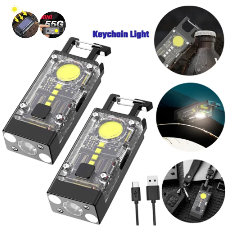 

LED Portable Torches 1000LM Lamp Solar Mini Pocket Keychain Flashlight COB Work Light Emergency Lighting Rechargeable Corkscrew