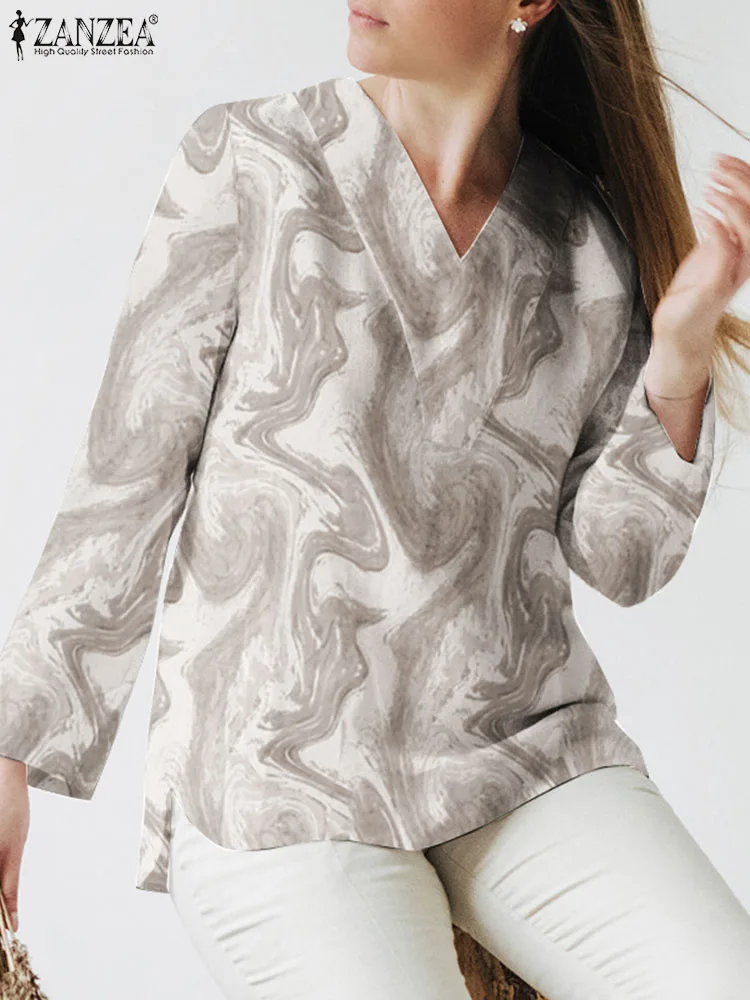 

ZANZEA Elegant Casual Blusas Bohemian Floral Printed Blouse V-Neck Long Sleeve Thin Tops Autumn Fashion Loose Tunic Chemise 2023