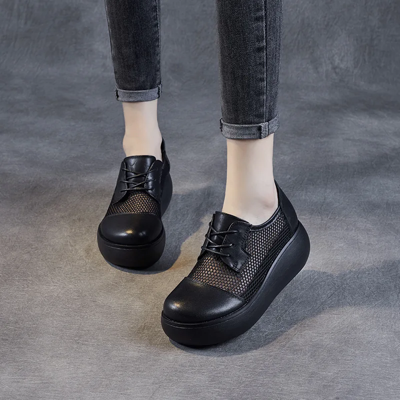 

Новинка 2022, туфли с вырезами, женские летние кожаные сетчатые сандалии на толстой подошве, повседневные узкие сандалии в стиле ретро с носко...