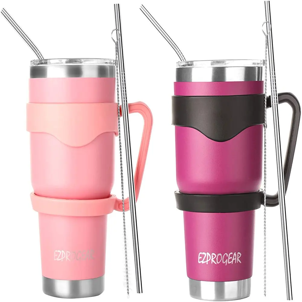 

Ezprogear 30 oz 2 Pack Stainless Steel Tumbler Double Wall Vacuum Insulated Coffee Cup Travel Mug with Handle & Straws (Pink & M