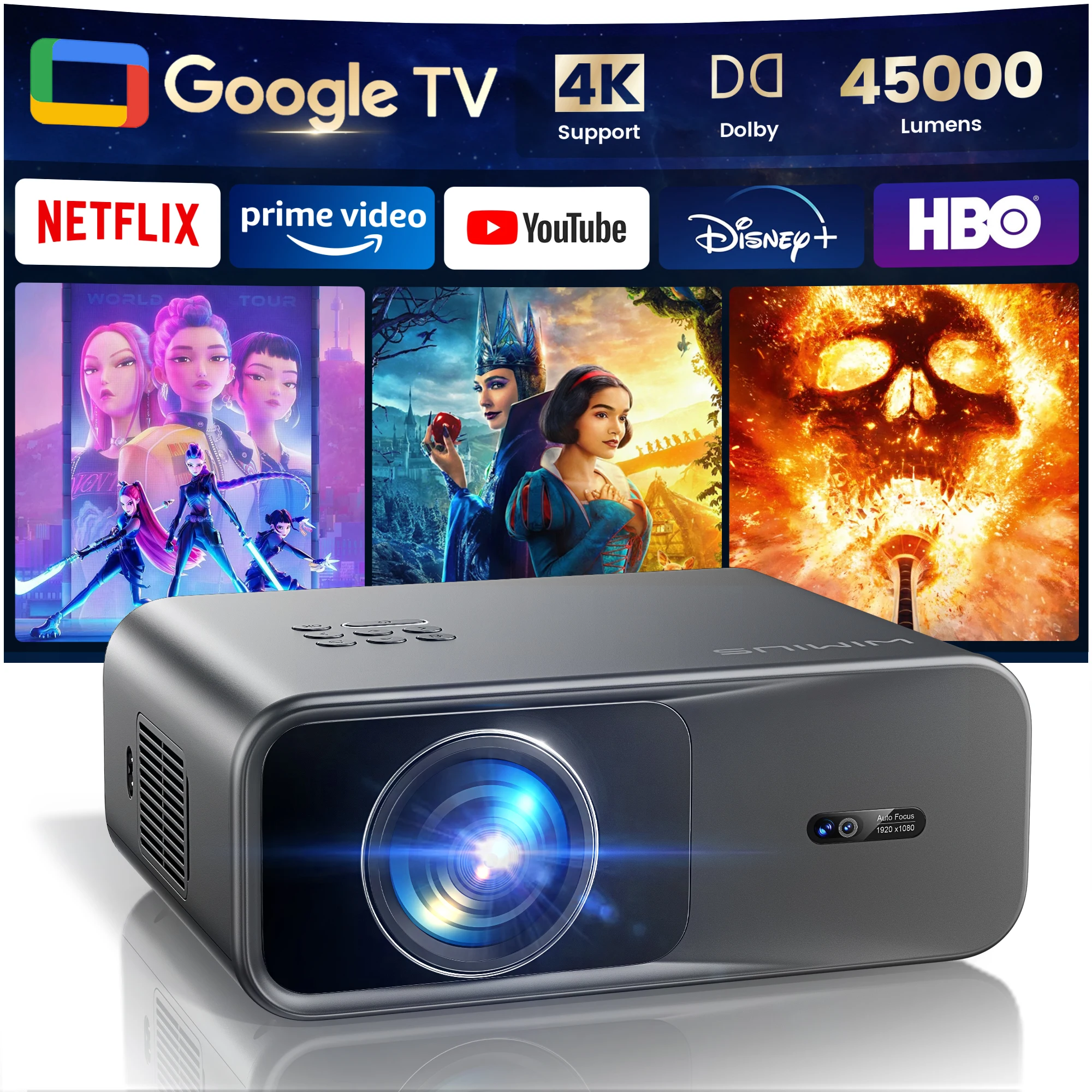 Фото Проектор Wimius G1 45000lumens 4K Smart с системой Google TV, автофокусом, Wi-Fi, высоким качеством Full HD 1080P для домашнего кинотеатра и просмотра фильмов №1
