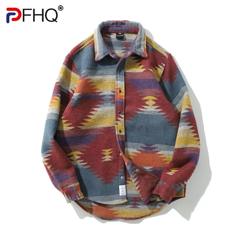 

Рубашка PFHQ мужская с прострочкой, винтажная утепленная блузка с начесом, свободная повседневная одежда, контрастные цвета, на осень