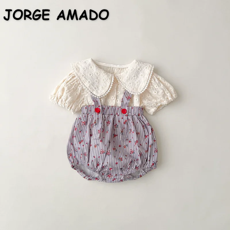 

Summer Baby Girl Set Apricot Jacquard Peter Pan Collar Short Puff Sleeve Top+Retro Print Strap Shorts Infant Suit Clothes E23241