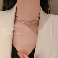 real gold electroplating korean fashion simple personality necklace inlaid with diamond pearl necklace net red temperament