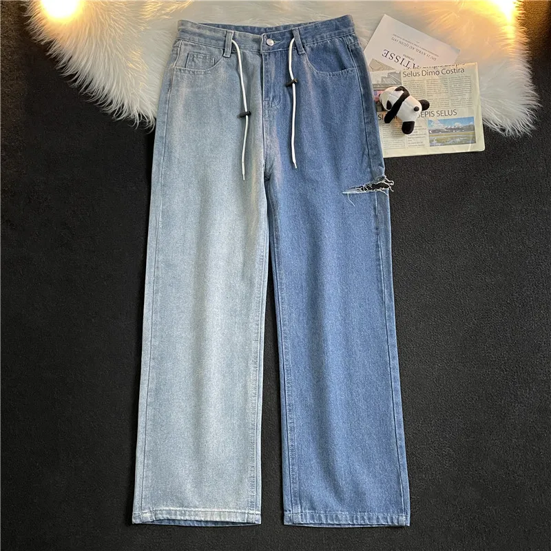 

Мужские длинные джинсовые брюки, Свободные повседневные рваные брюки для мальчиков с эффектом потертости, с завязкой и средней талией, A80