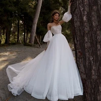 eightree white wedding dresses beadings puff sleeve bride dress sexy boho a line tulle princess wedding evening gowns plus size