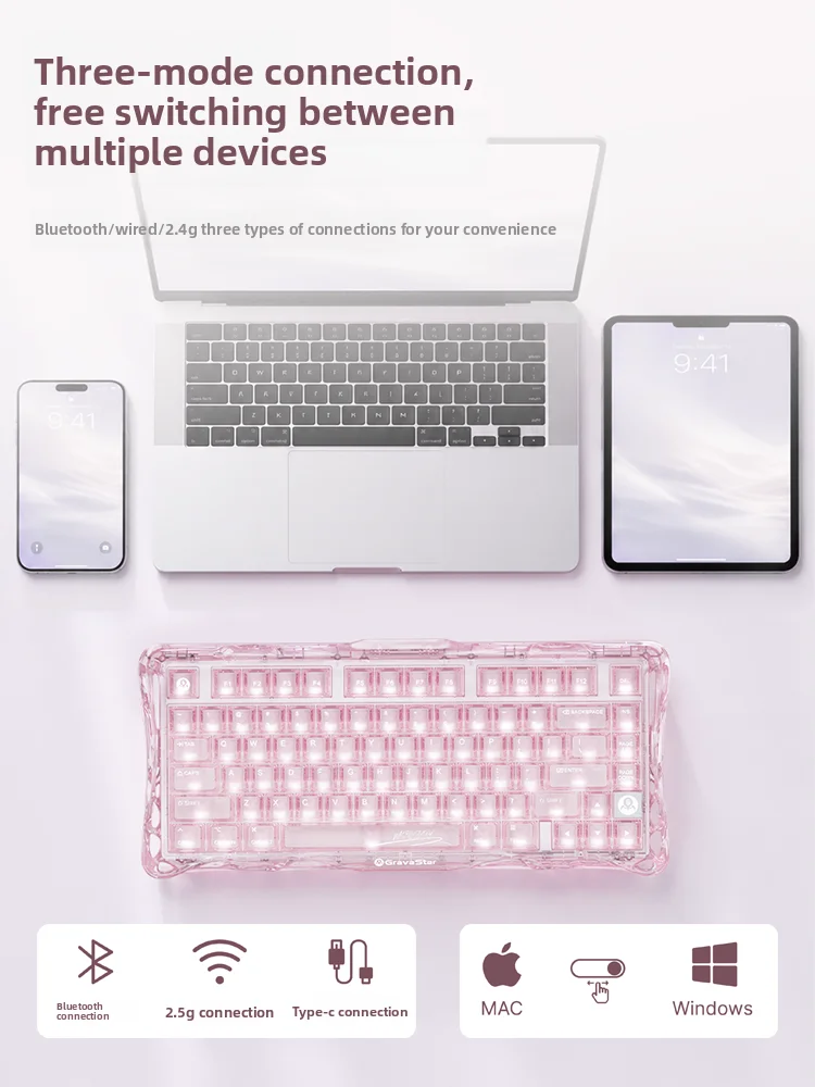 Фото Беспроводная игровая механическая клавиатура Grava Star Mercury K1 Lite Jelly Pink K1 75% с Bluetooth и проводным подключением, RGB, с возможностью горячей замены переключателей, для геймеров №5