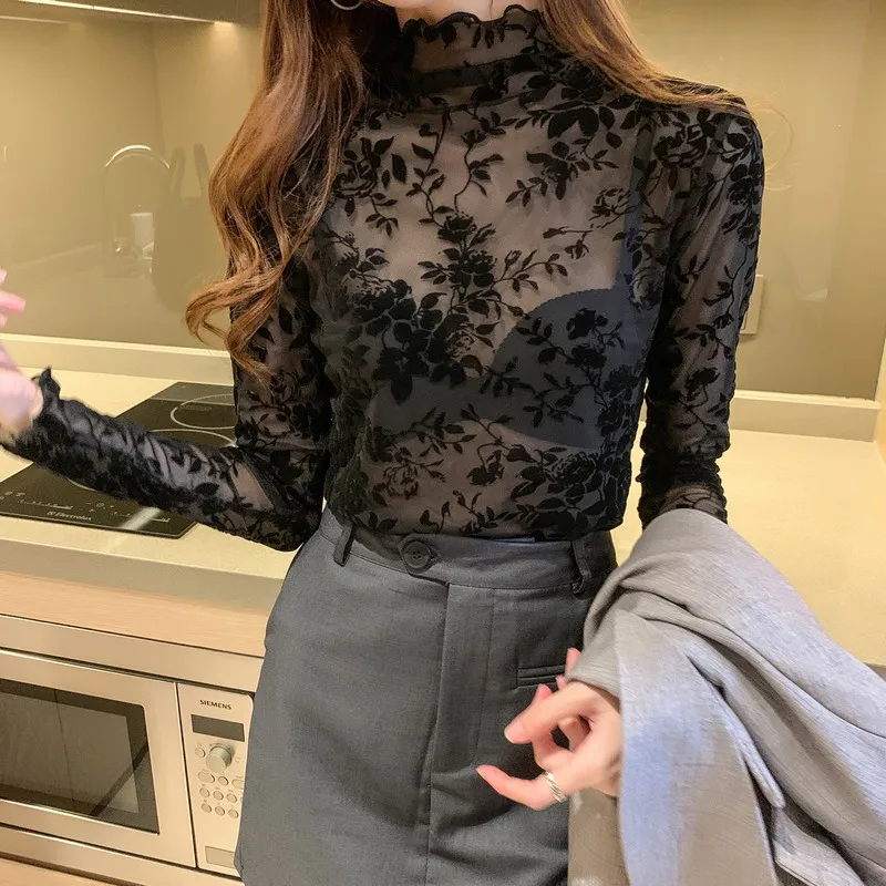

New high-neck lace flocking printing see-through mesh long-sleeved all-match bottoming shirt woman tshirts