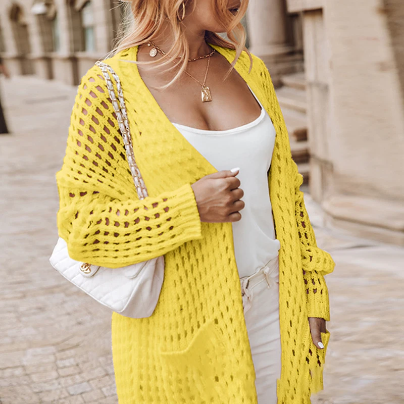 

Women Autumn Casual Long Sleeve Sweater Cardigan Elegant Office Lady Pocket Solid Irregular Outwear Sexy Hollow Net Knitted Coat