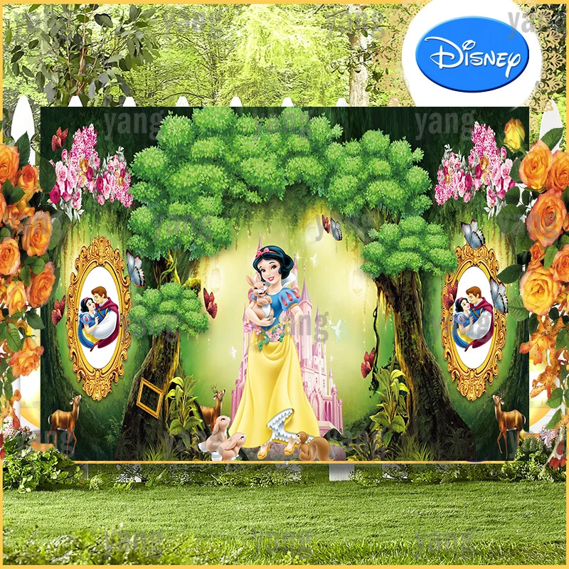 Disney Custom Cartoon Lovely Snow White Princess Romantic Flowers Forest Banner Backdrop Birthday Party Photography Background