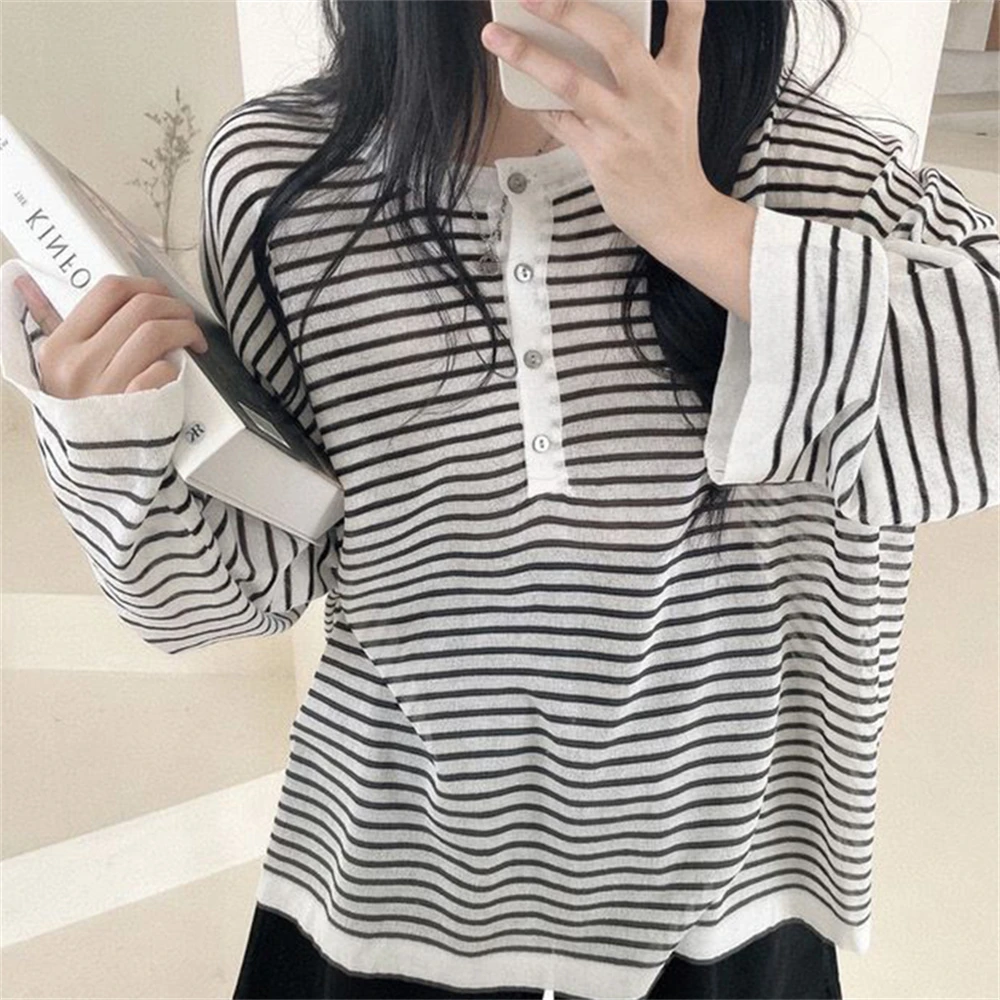 

PLAMTEE Thin Stripes Casual T-Shirts Women Full Sleeves New Chic Spring 2022 All Match OL Loose-Fitting Streetwear Tees Tops